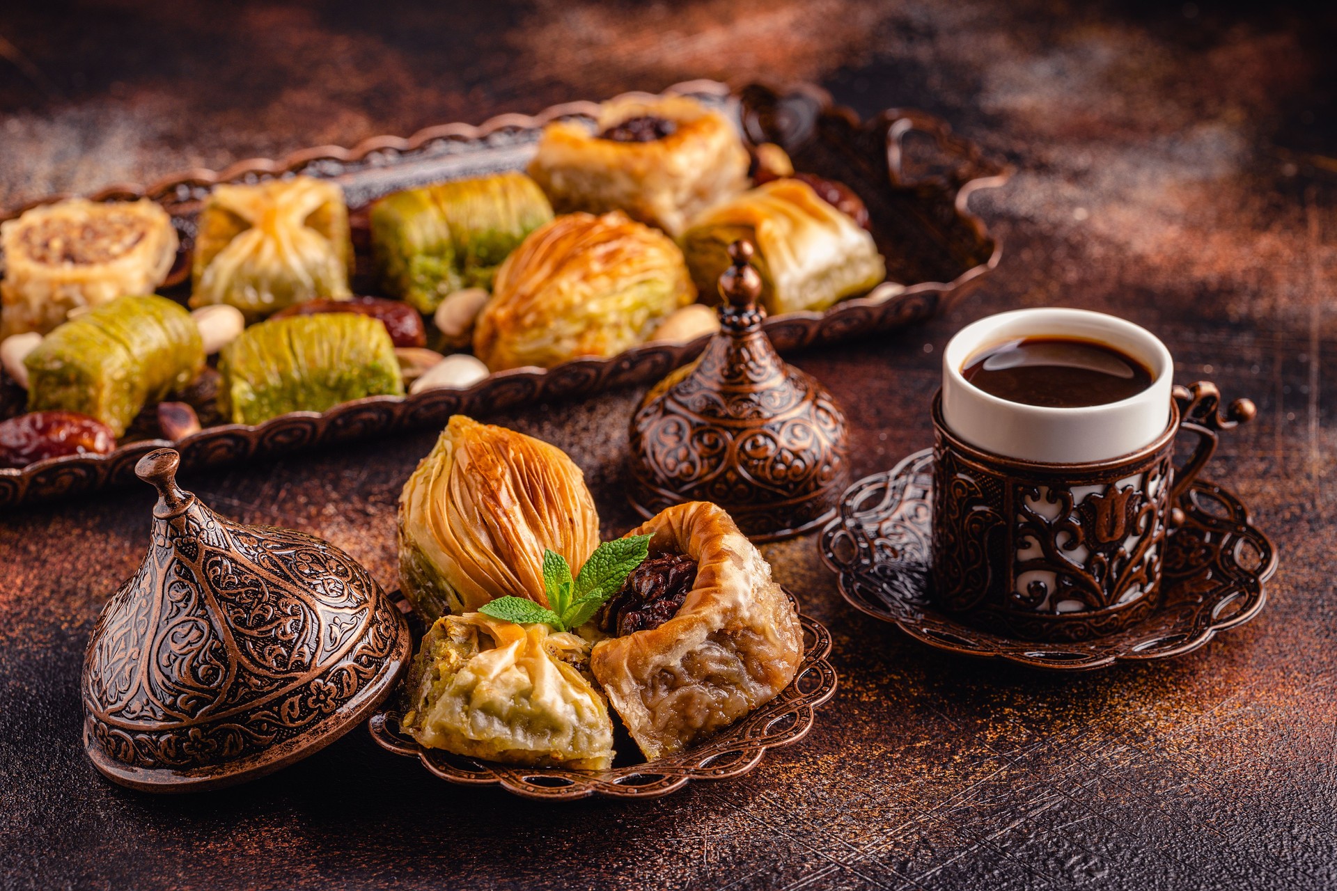 Traditional turkish, arabic sweets baklava with Turkish coffee